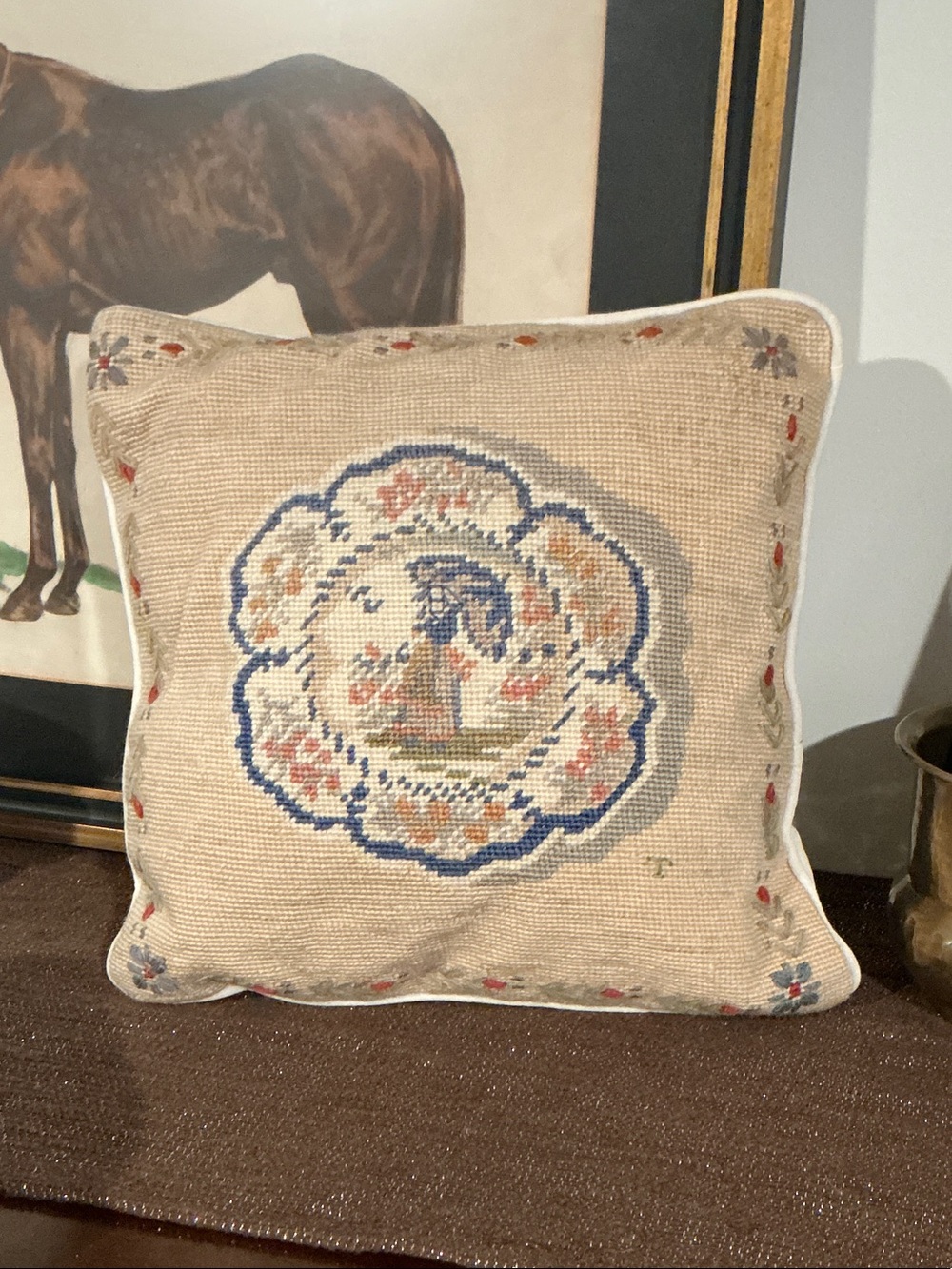 Hand-Embroidered Beige Decorative Pillow with Blue Motif